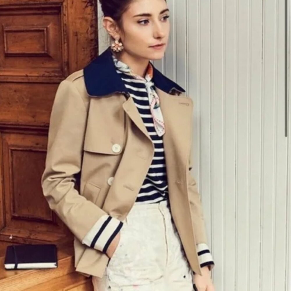 J Crew	Cropped trench coat with detachable striped cuffs
